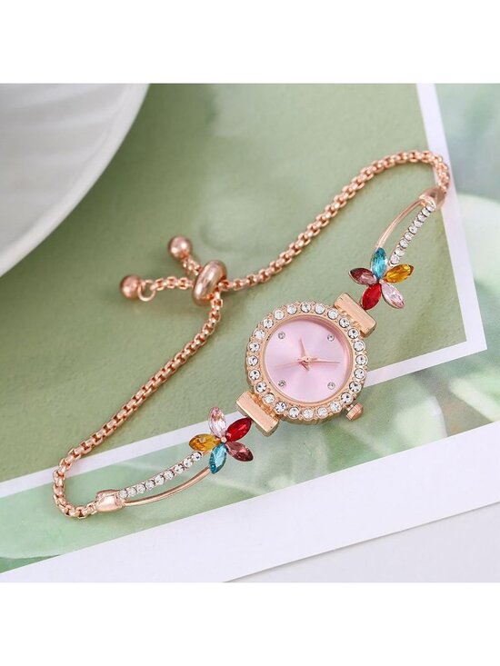 Women\'s Pink Analog Quartz Light Simple Floral Bracelet Diamond Luxury Watch main image 4